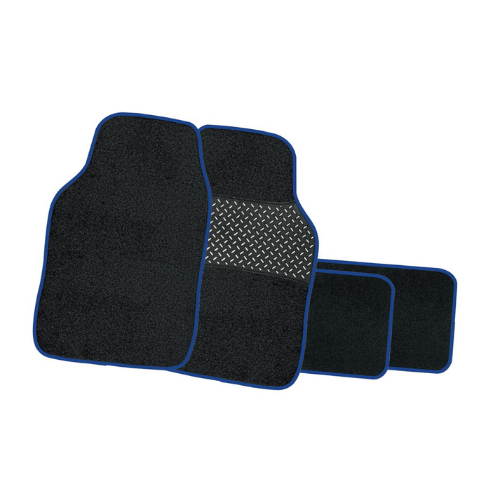 Black/Blue Trim Carpet Mat Set with PVC Backing - 4 Piece